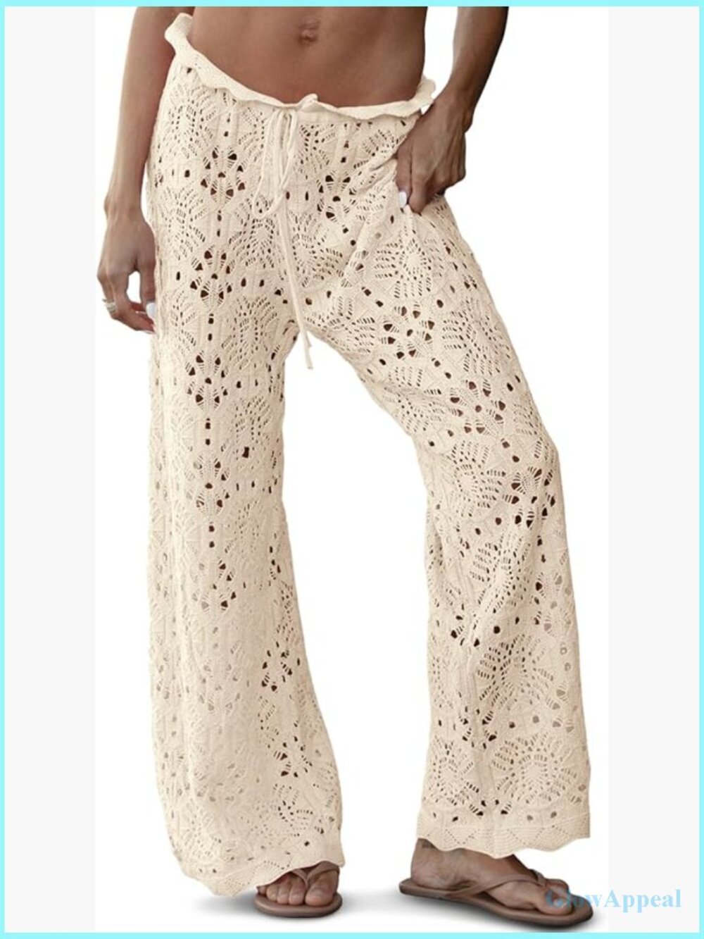 Crochet Swimsuit Coverup Pants High Waisted Drawstring Sheer Mesh Knit Wide Leg